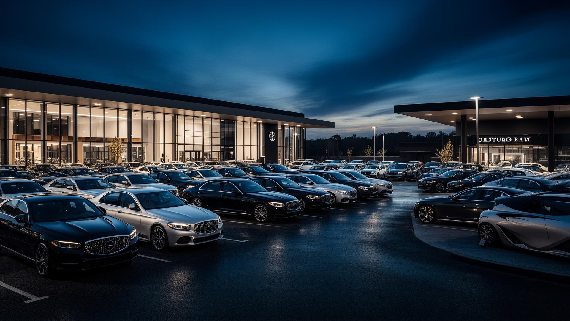 Modern car dealership lot at dusk filled with vehicle inventory